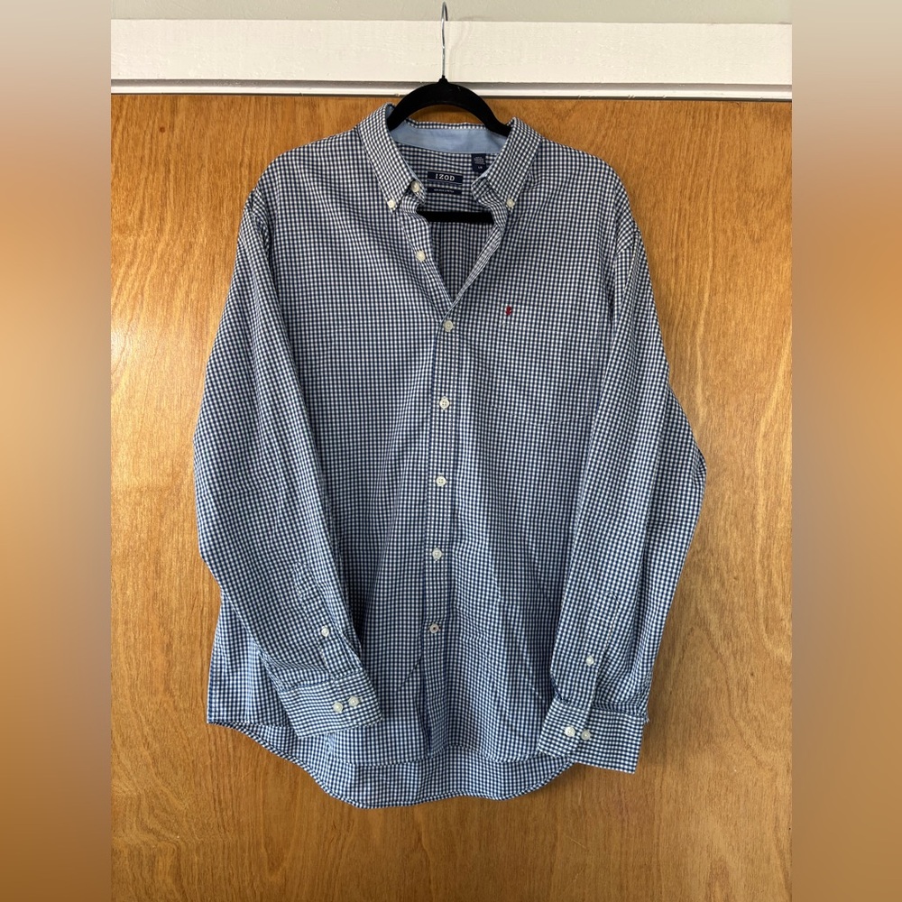 Izod Navy and White Checkered Button Down Collared Dress Shirt